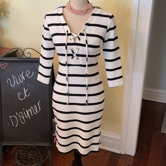 Eliza J Ivory Classic *Chic* Striped Stretch Sheath Dress EUC - Picture 1 of 10